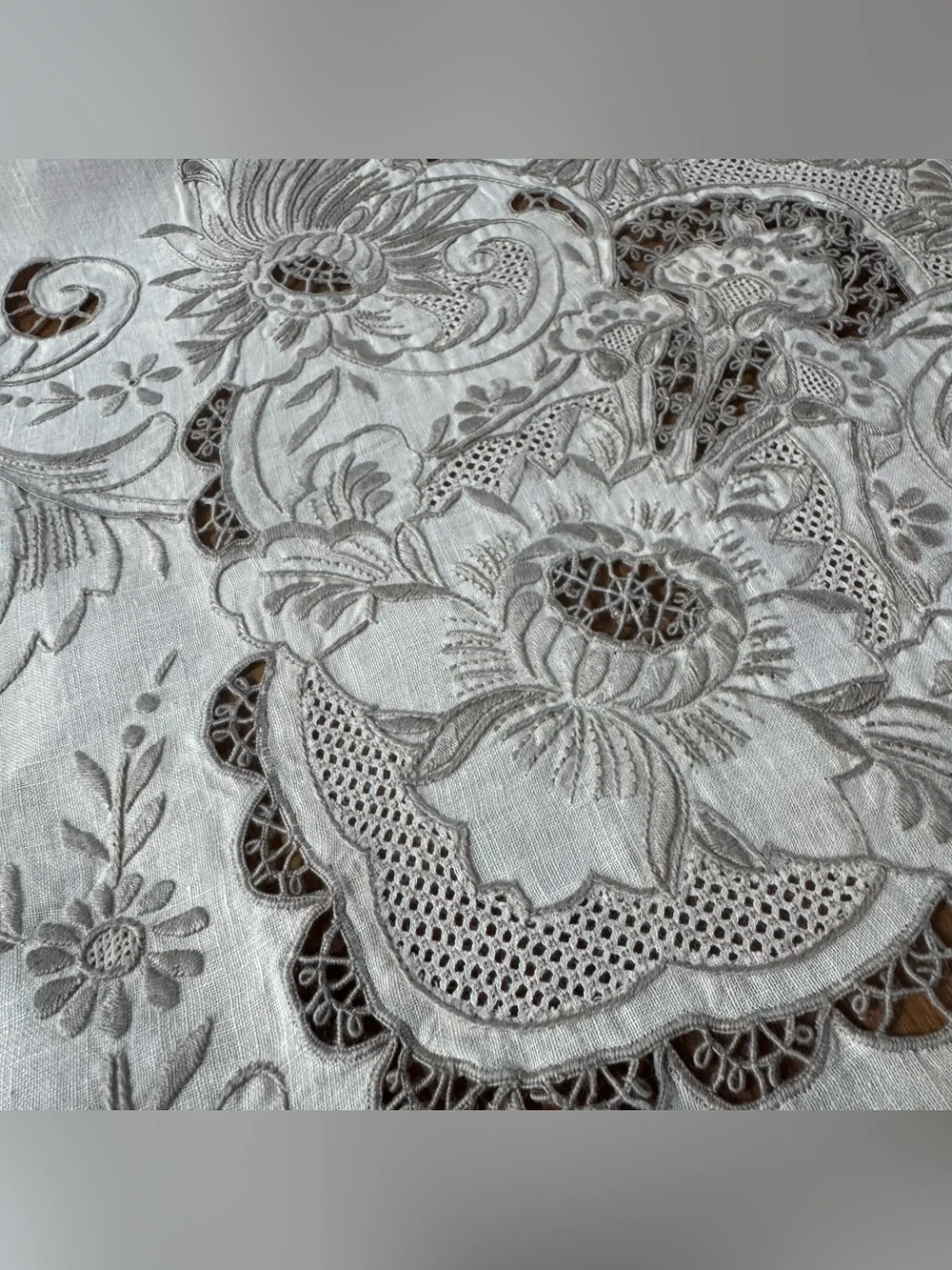 Vintage White Embroidered Cutwork Tablecloth 131” x 63” Floral Scalloped